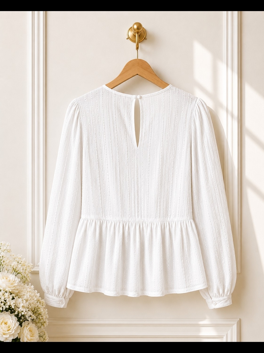LOFT | Off White Textured Peplum Blouse | Long Sleeve | Size Medium | - Picture 6 of 8